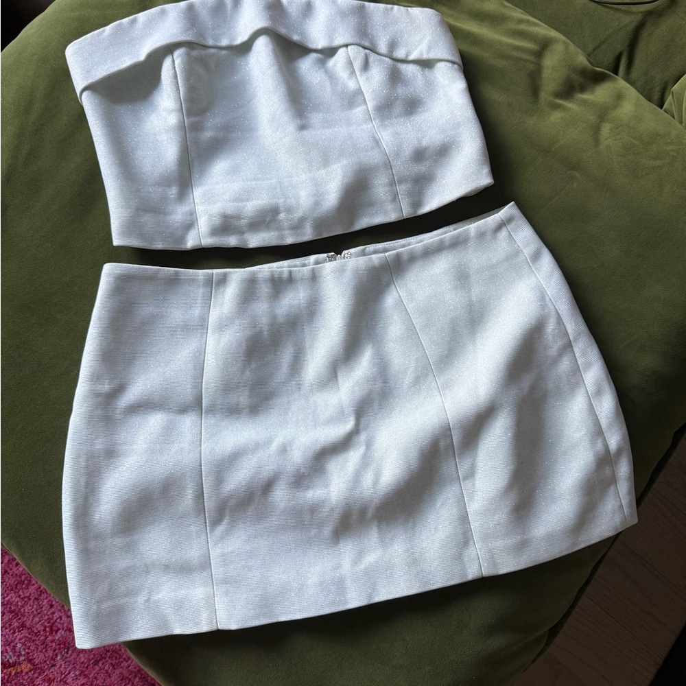 SLA THE LABEL - White Sparkle Glitter Mini Skirt & Strapless Top Set